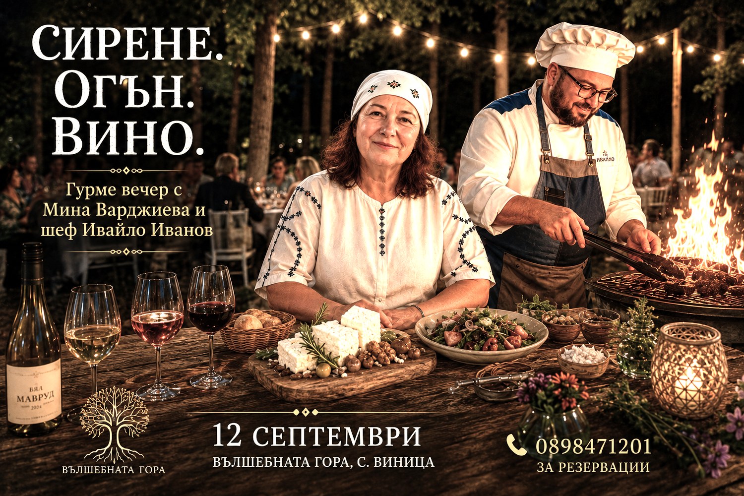 Афиш: Сирене. Огън. Вино. — гурме вечер с Мина Варджиева и шеф Ивайло Иванов във „Вълшебната гора“